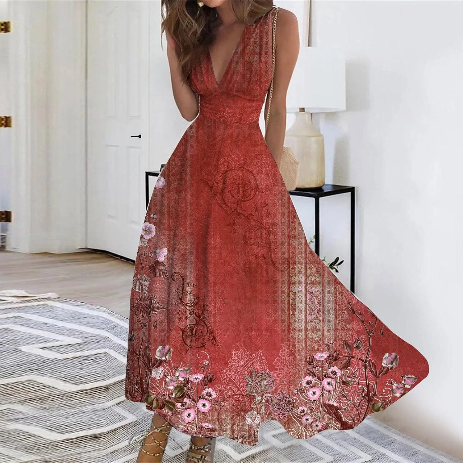 Women's Sundresses 2025 V-Neck Floral Print Sleeveless Casual Swing High Waist Long Maxi Dress, S-3XL