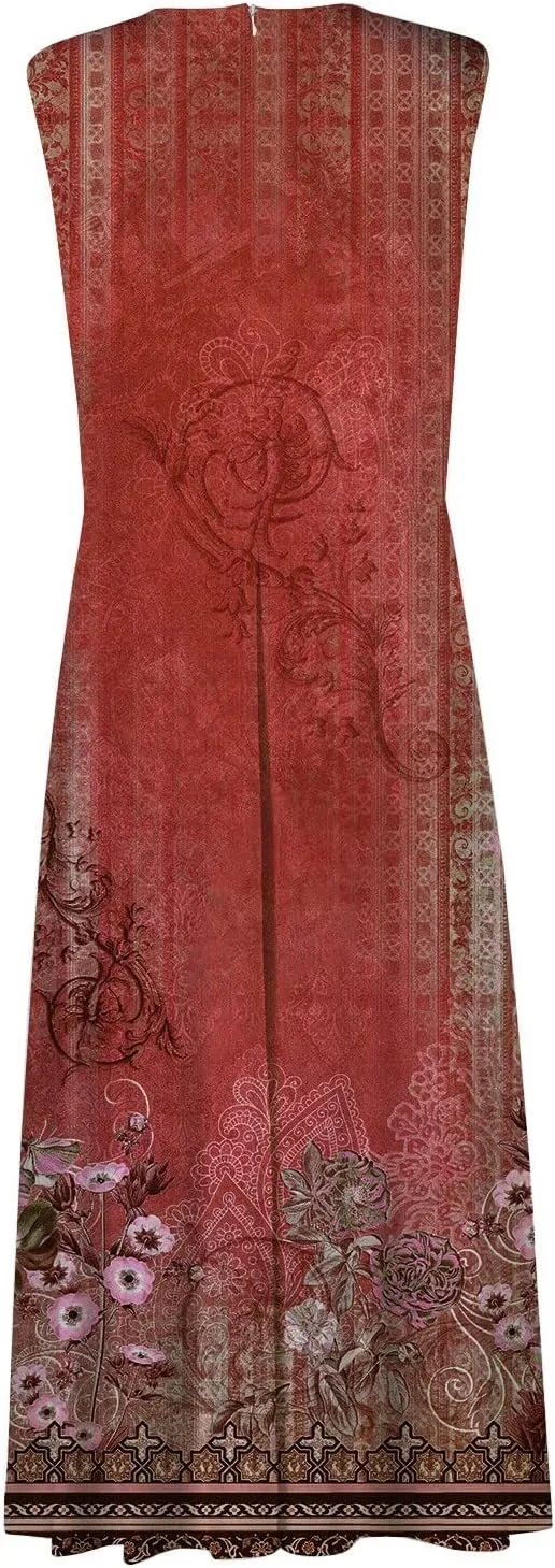 Women's Sundresses 2025 V-Neck Floral Print Sleeveless Casual Swing High Waist Long Maxi Dress, S-3XL