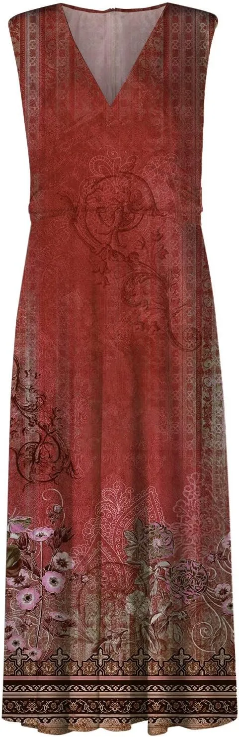 Women's Sundresses 2025 V-Neck Floral Print Sleeveless Casual Swing High Waist Long Maxi Dress, S-3XL