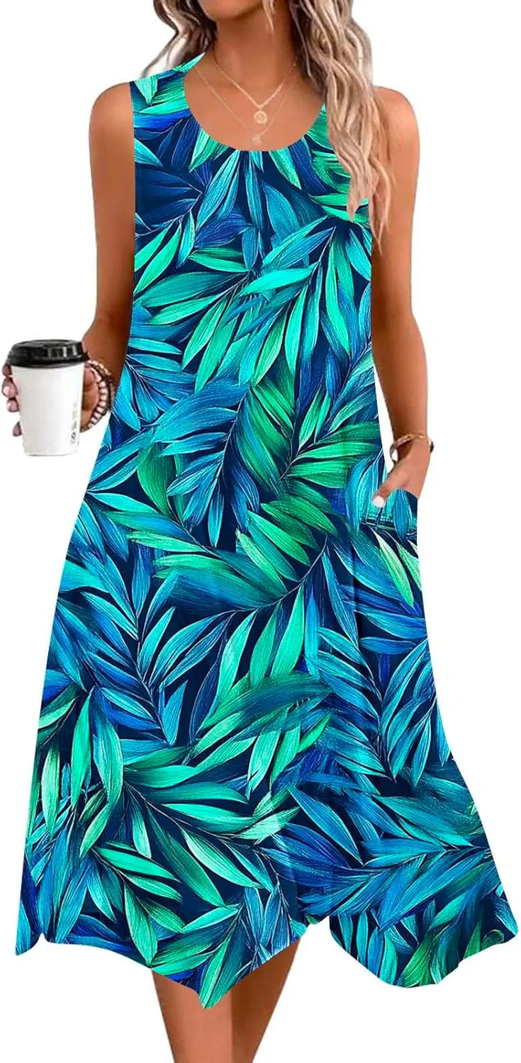 Womens Sundresses for Beach Vacation Summer Sleeveless Round Neck Tank Dress with Pocket Boho Flowy Midi Dress