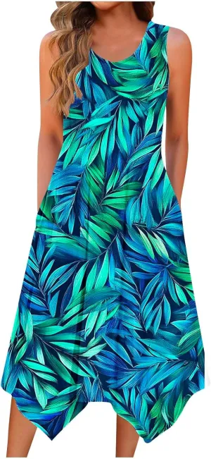 Womens Sundresses for Beach Vacation Summer Sleeveless Round Neck Tank Dress with Pocket Boho Flowy Midi Dress