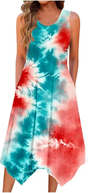 Womens Sundresses for Beach Vacation Summer Sleeveless Round Neck Tank Dress with Pocket Boho Flowy Midi Dress