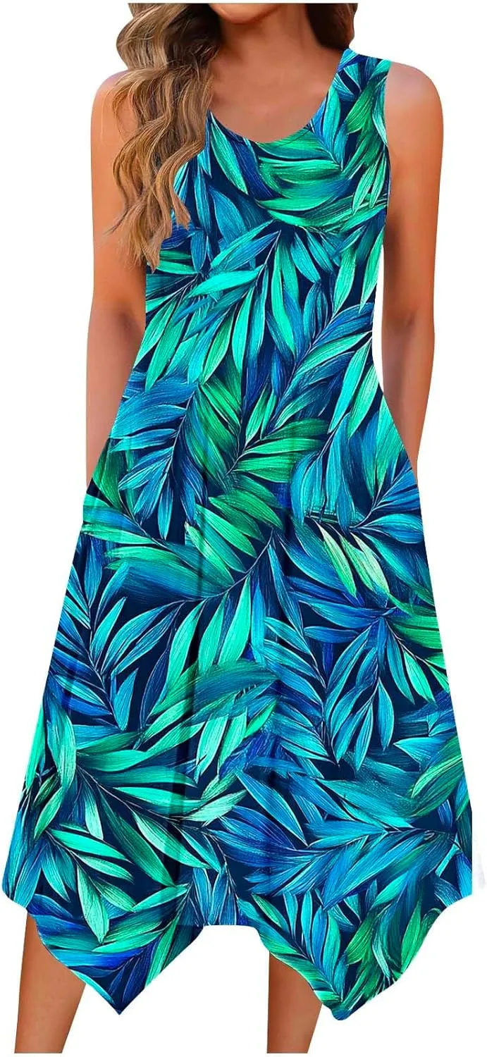 Womens Sundresses for Beach Vacation Summer Sleeveless Round Neck Tank Dress with Pocket Boho Flowy Midi Dress