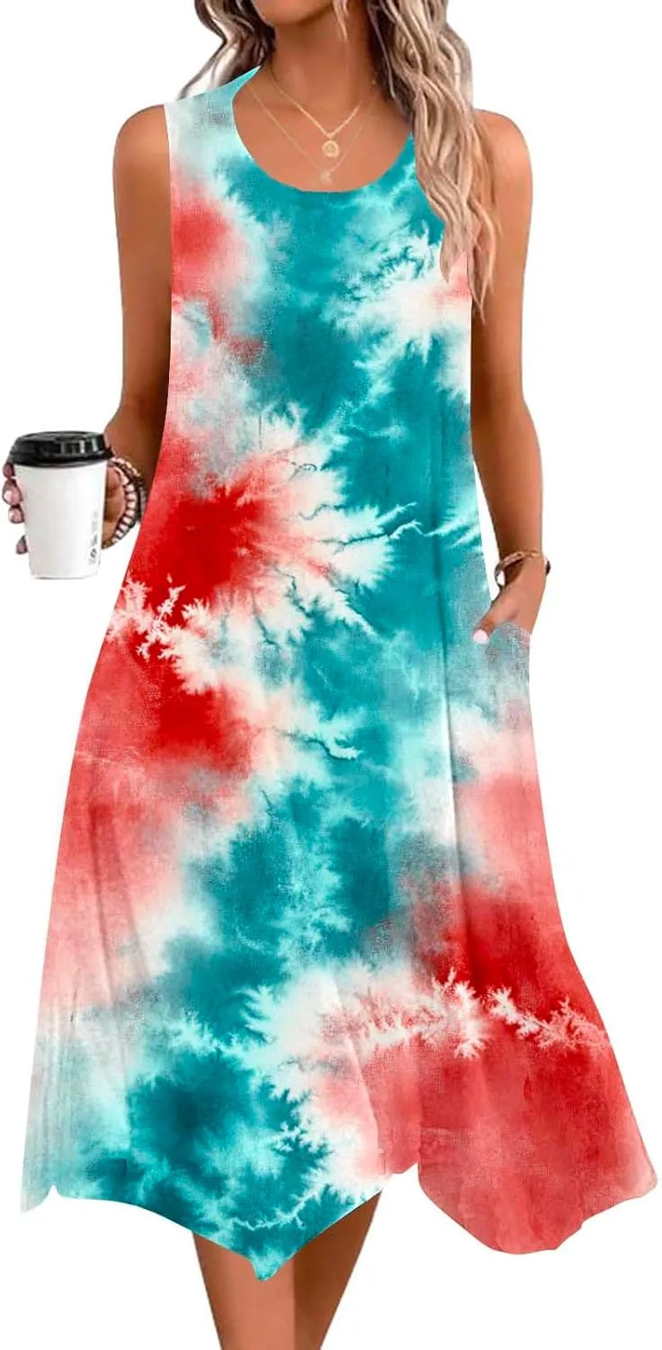 Womens Sundresses for Beach Vacation Summer Sleeveless Round Neck Tank Dress with Pocket Boho Flowy Midi Dress
