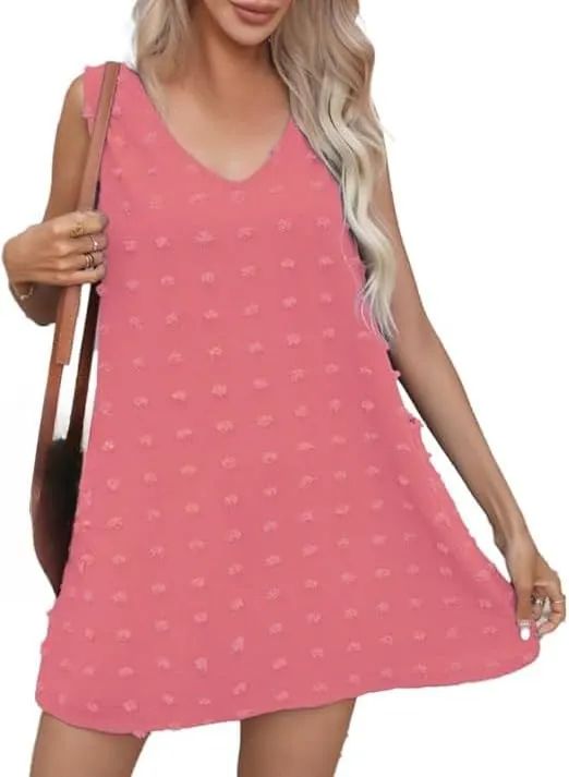 Women's Swiss Polka Dot Beach Cover Up Dresses Summer Vacation Swimsuit Tank Dress V Neck Sundress with Pockets