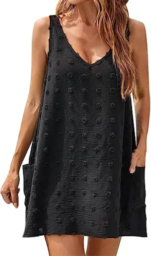 Women's Swiss Polka Dot Beach Cover Up Dresses Summer Vacation Swimsuit Tank Dress V Neck Sundress with Pockets