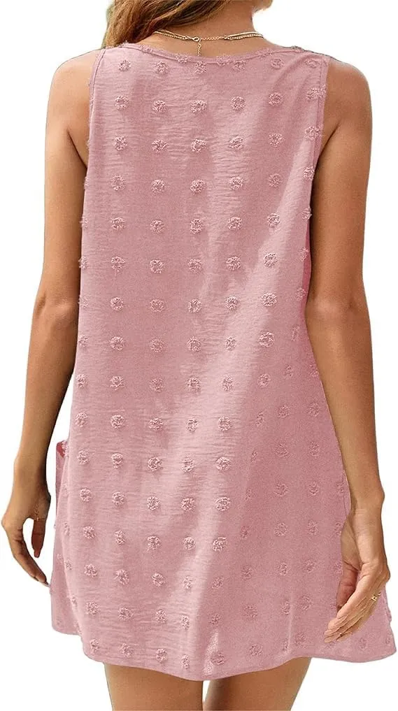 Women's Swiss Polka Dot Beach Cover Up Dresses Summer Vacation Swimsuit Tank Dress V Neck Sundress with Pockets