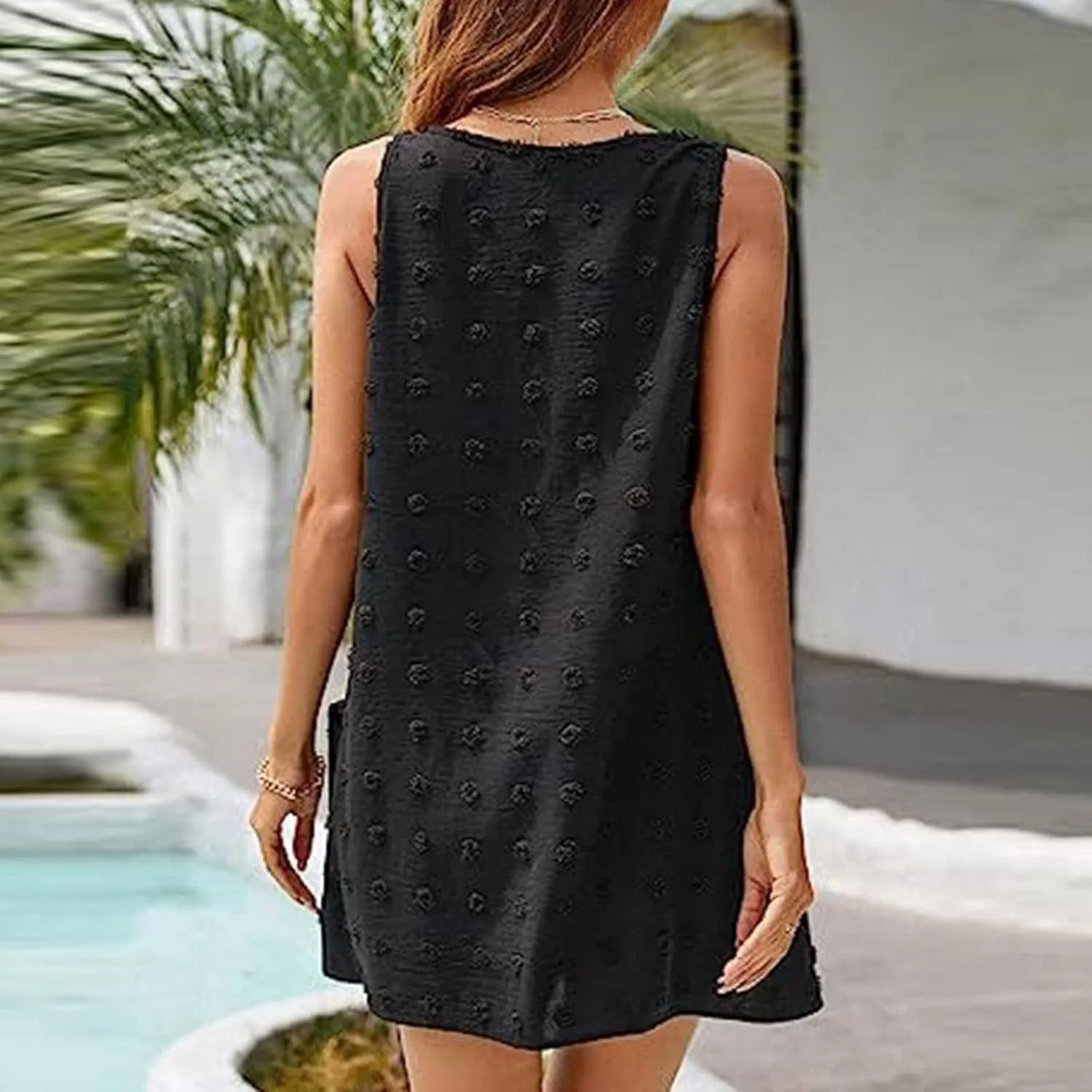 Women's Swiss Polka Dot Beach Cover Up Dresses Summer Vacation Swimsuit Tank Dress V Neck Sundress with Pockets