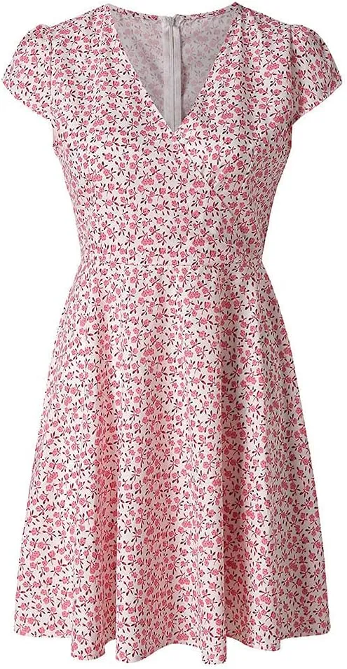 Women's V Neck Short Sleeve Ruffle Flowy Mini Dress Floral Print Short A Line Dresses