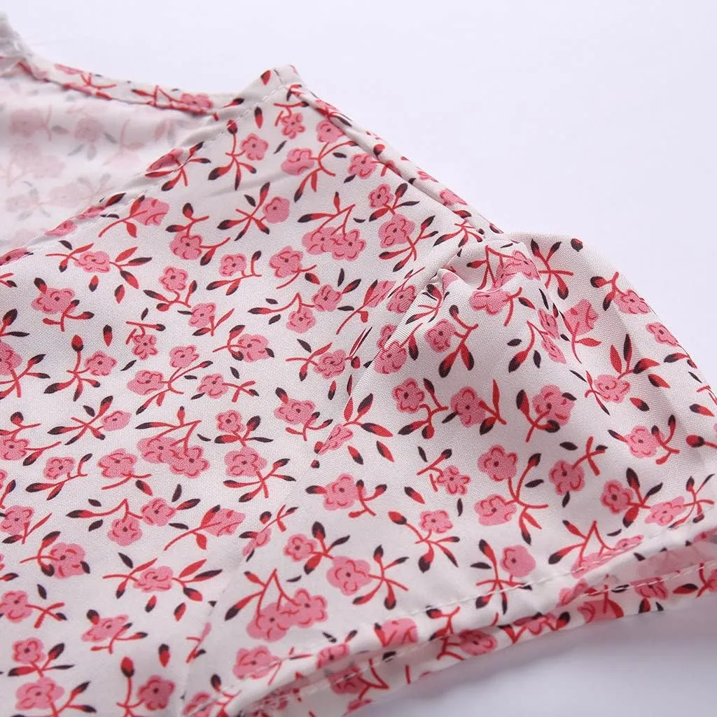 Women's V Neck Short Sleeve Ruffle Flowy Mini Dress Floral Print Short A Line Dresses