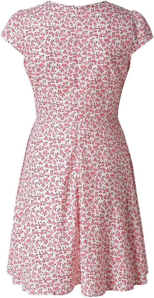 Women's V Neck Short Sleeve Ruffle Flowy Mini Dress Floral Print Short A Line Dresses