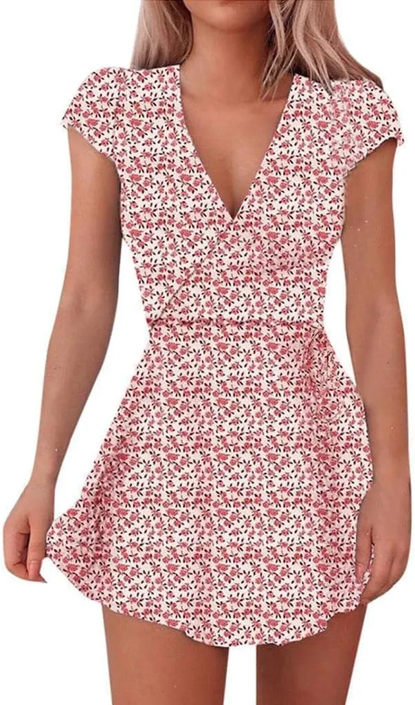 Women's V Neck Short Sleeve Ruffle Flowy Mini Dress Floral Print Short A Line Dresses