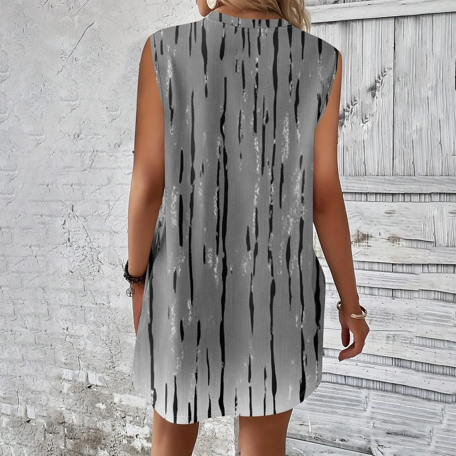 Women's Vacation Sleeveless Mini Dresses Printed Crew Neck Beach Sundress 2025 Summer Casual Loose Pockets Dress