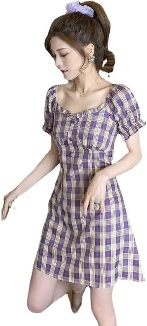 Women's Vintage Short Sleeve Ruffle Flowy Mini Dress Plaid Short A Line Dresses