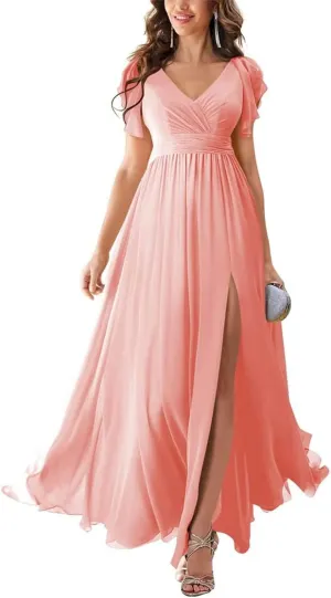Womne's Juniors Bridesmaid Dresses for Wedding V-Neck A-line Ruffle Chiffon Maxi Formal Evening Gowns