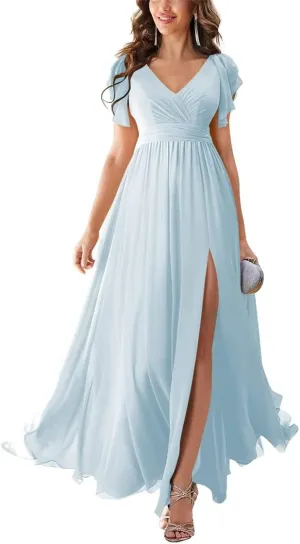 Womne's Juniors Bridesmaid Dresses for Wedding V-Neck A-line Ruffle Chiffon Maxi Formal Evening Gowns