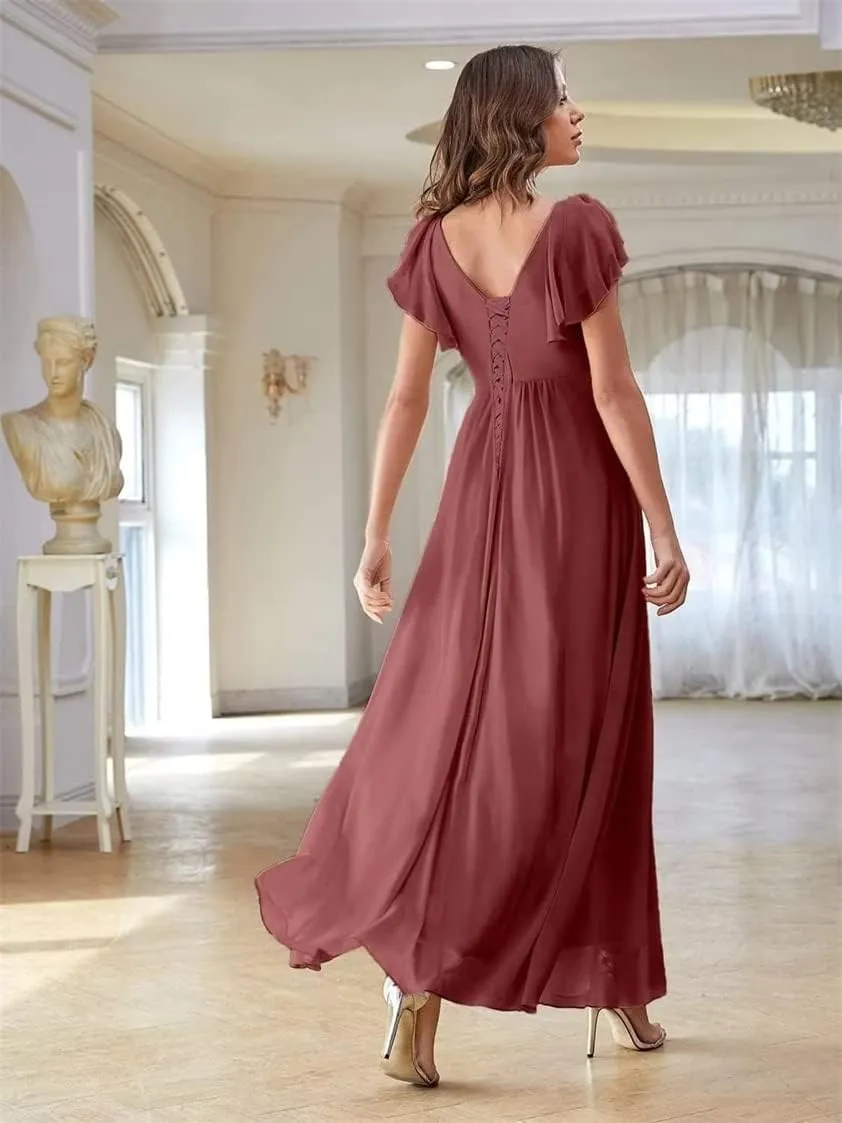 Womne's Juniors Bridesmaid Dresses for Wedding V-Neck A-line Ruffle Chiffon Maxi Formal Evening Gowns