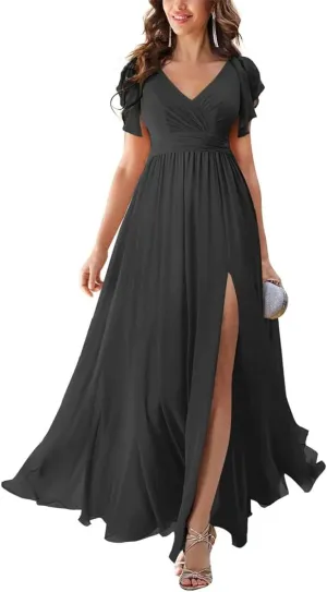 Womne's Juniors Bridesmaid Dresses for Wedding V-Neck A-line Ruffle Chiffon Maxi Formal Evening Gowns