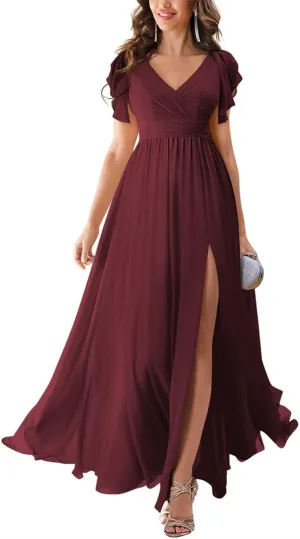 Womne's Juniors Bridesmaid Dresses for Wedding V-Neck A-line Ruffle Chiffon Maxi Formal Evening Gowns