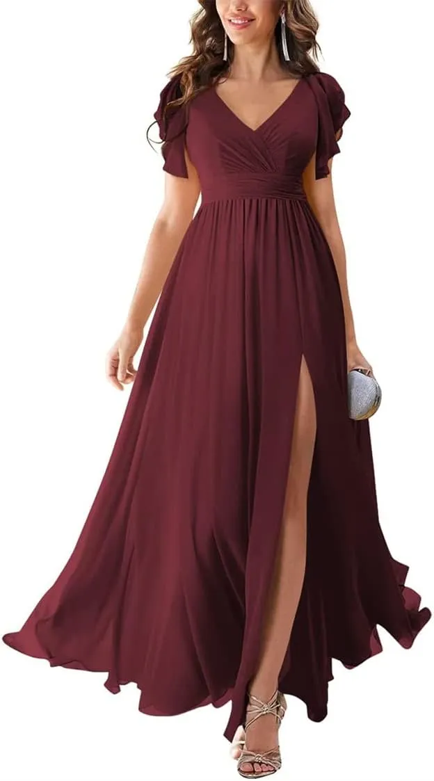 Womne's Juniors Bridesmaid Dresses for Wedding V-Neck A-line Ruffle Chiffon Maxi Formal Evening Gowns