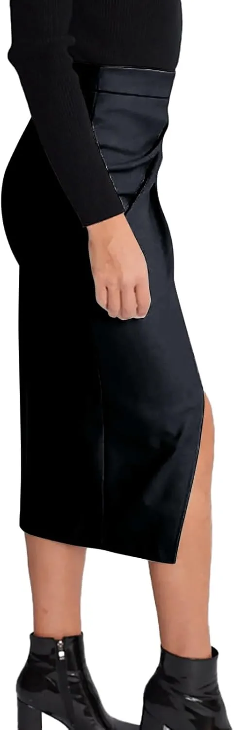 XOWRTE Women Midi Skirts Women Casual Solid Color Pu Skirt Solid Color High Waist Irregular Sexy Pleated Hip Skirt