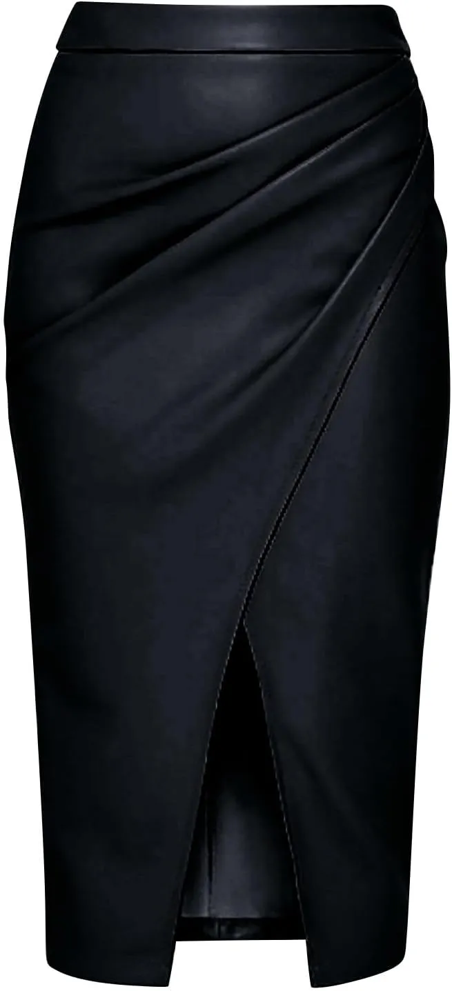 XOWRTE Women Midi Skirts Women Casual Solid Color Pu Skirt Solid Color High Waist Irregular Sexy Pleated Hip Skirt