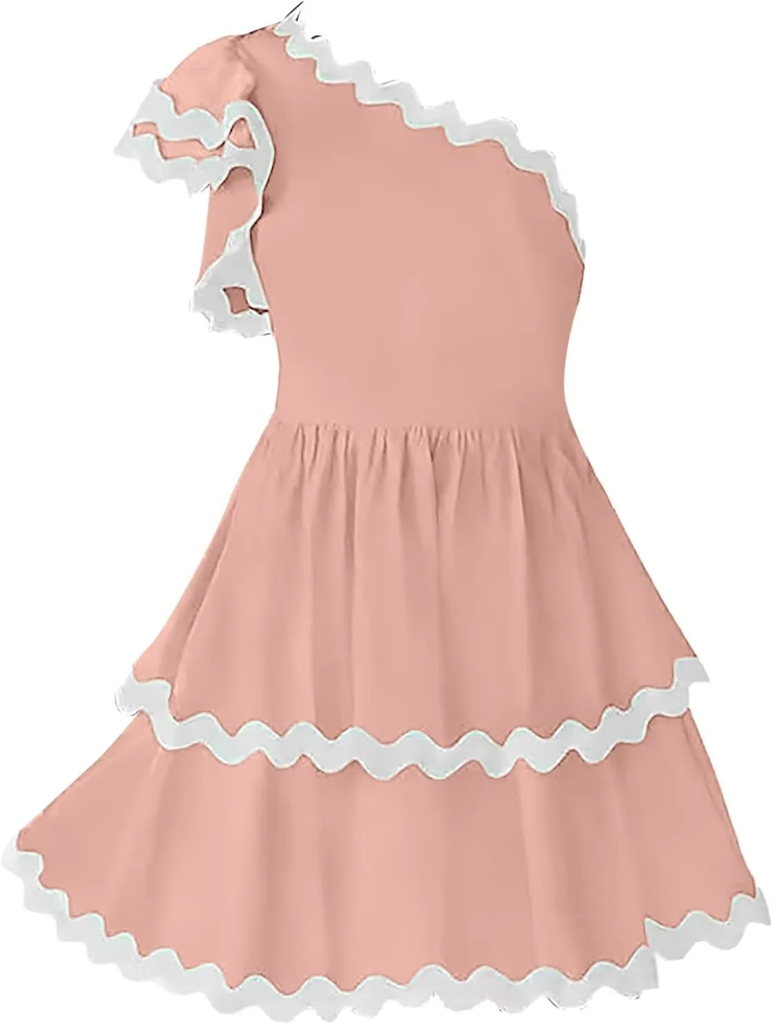 XOWRTE Women's 2024 Summer One Shoulder Dresses Ruffle Short Sleeve Tiered Layered Swing A Line Mini Short Sundress for Women