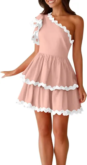 XOWRTE Women's 2024 Summer One Shoulder Dresses Ruffle Short Sleeve Tiered Layered Swing A Line Mini Short Sundress for Women