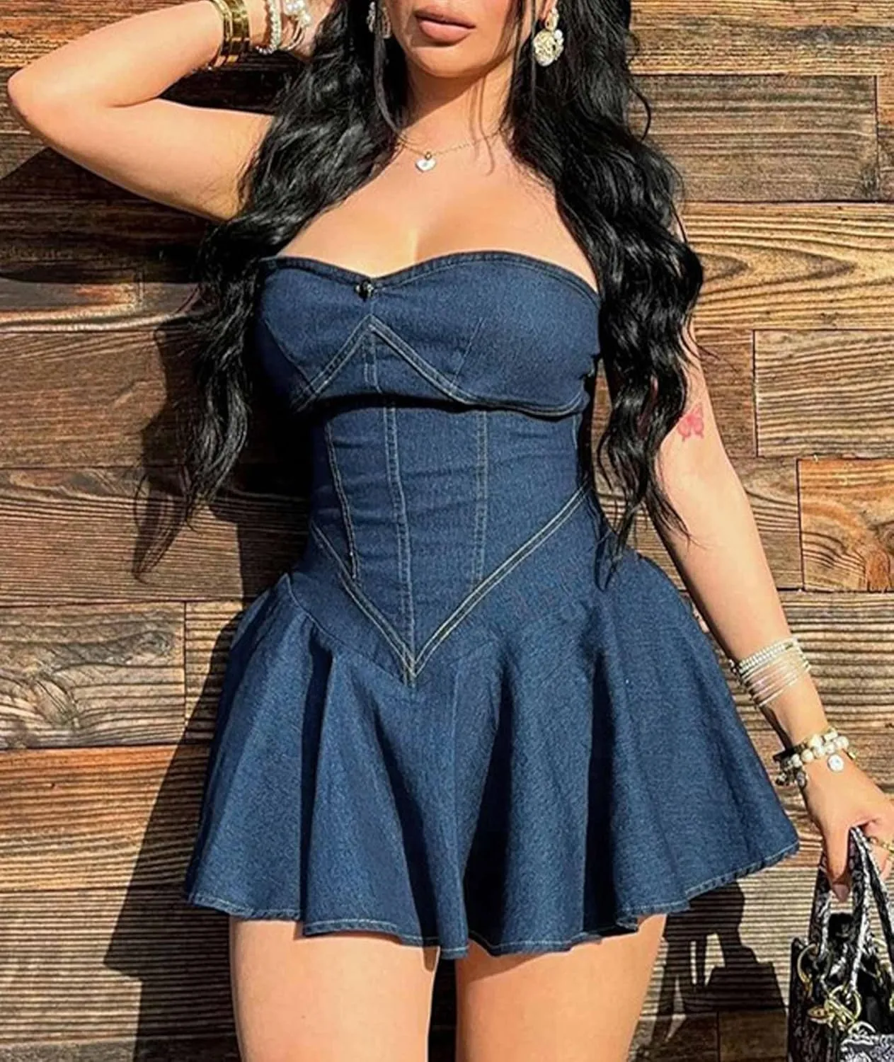 xxxiticat Women's Denim Tube Dress Sleeveless Pleated Skirt Hem Strapless A-Line Flared Off Shoulder Mini Jeans Dresses