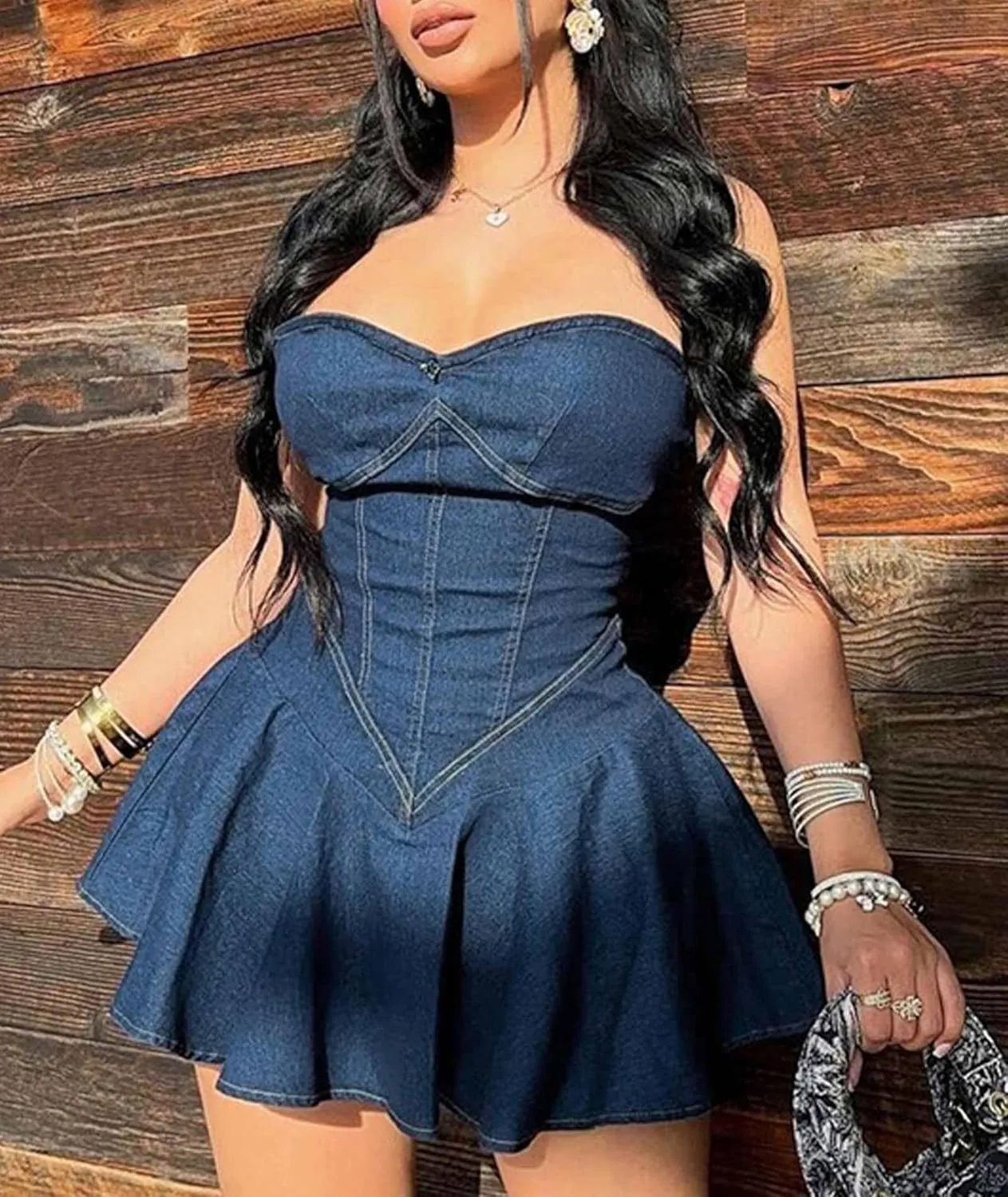 xxxiticat Women's Denim Tube Dress Sleeveless Pleated Skirt Hem Strapless A-Line Flared Off Shoulder Mini Jeans Dresses