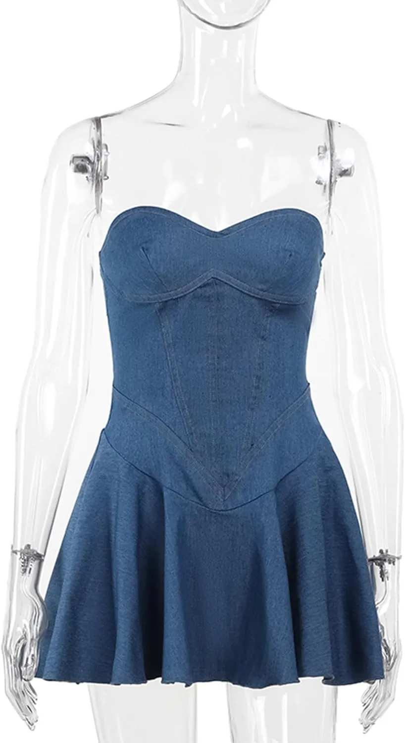 xxxiticat Women's Denim Tube Dress Sleeveless Pleated Skirt Hem Strapless A-Line Flared Off Shoulder Mini Jeans Dresses