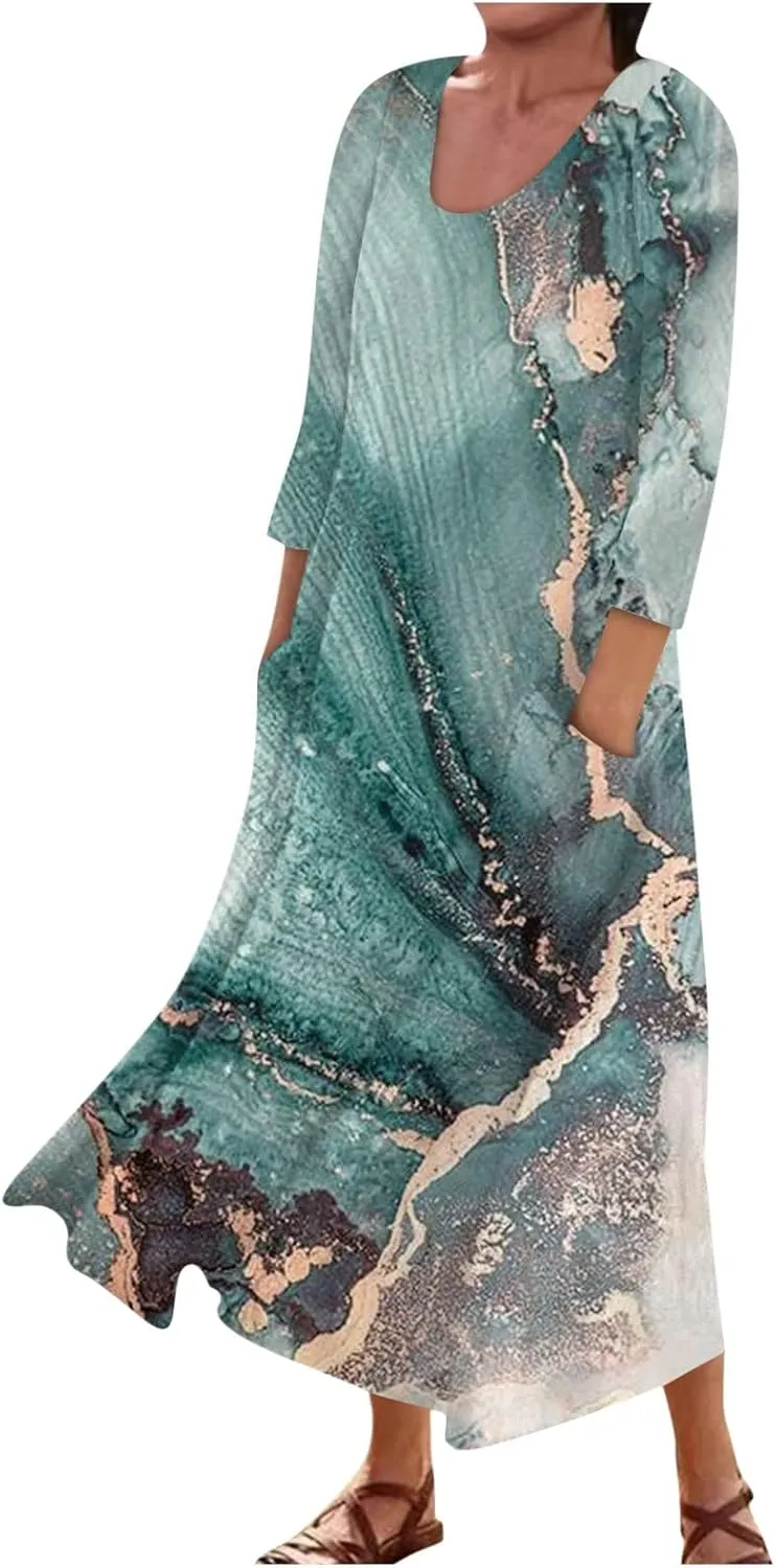 Yesunpxs 3/4 Sleeve Dresses for Women Summer Flowy Long Dress Casual Beach Sundresses Printed Boho Maxi Dresses with Pockets