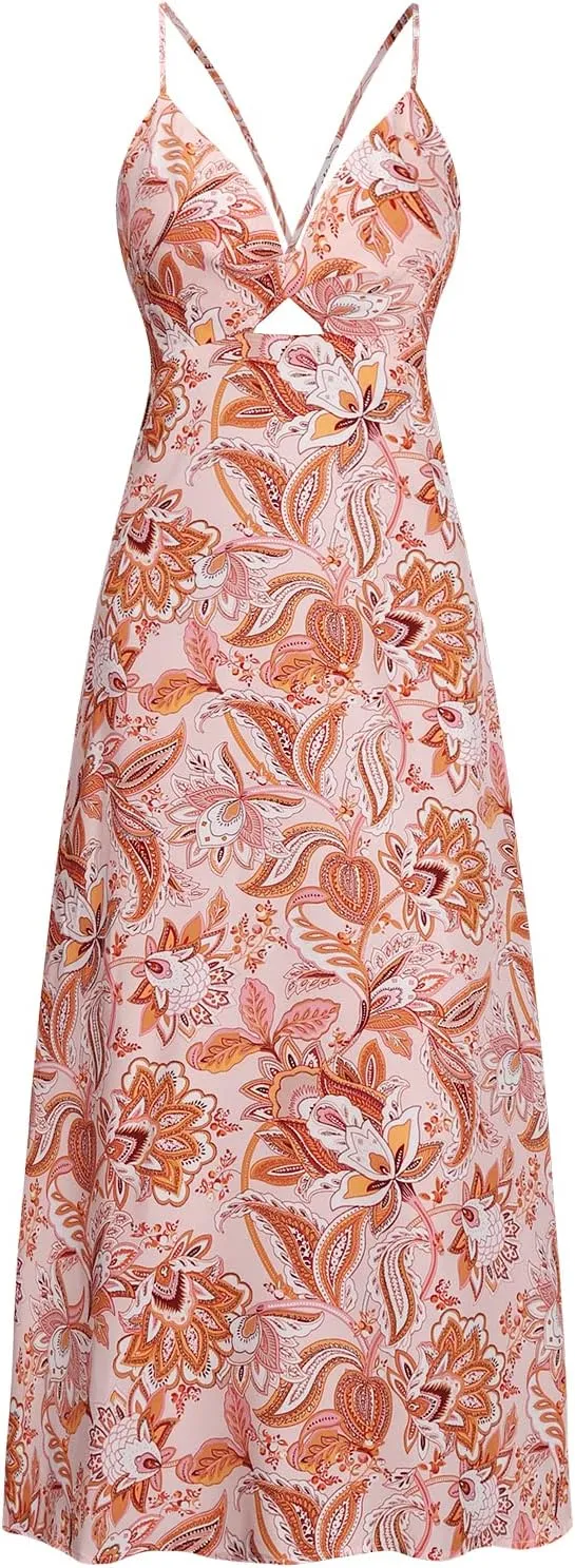 ZAFUL Women's Spaghetti Strap Floral Summer Hollow Twist Front Maxi Dresses Sexy Cutout V Neck Backless Vacation Dress