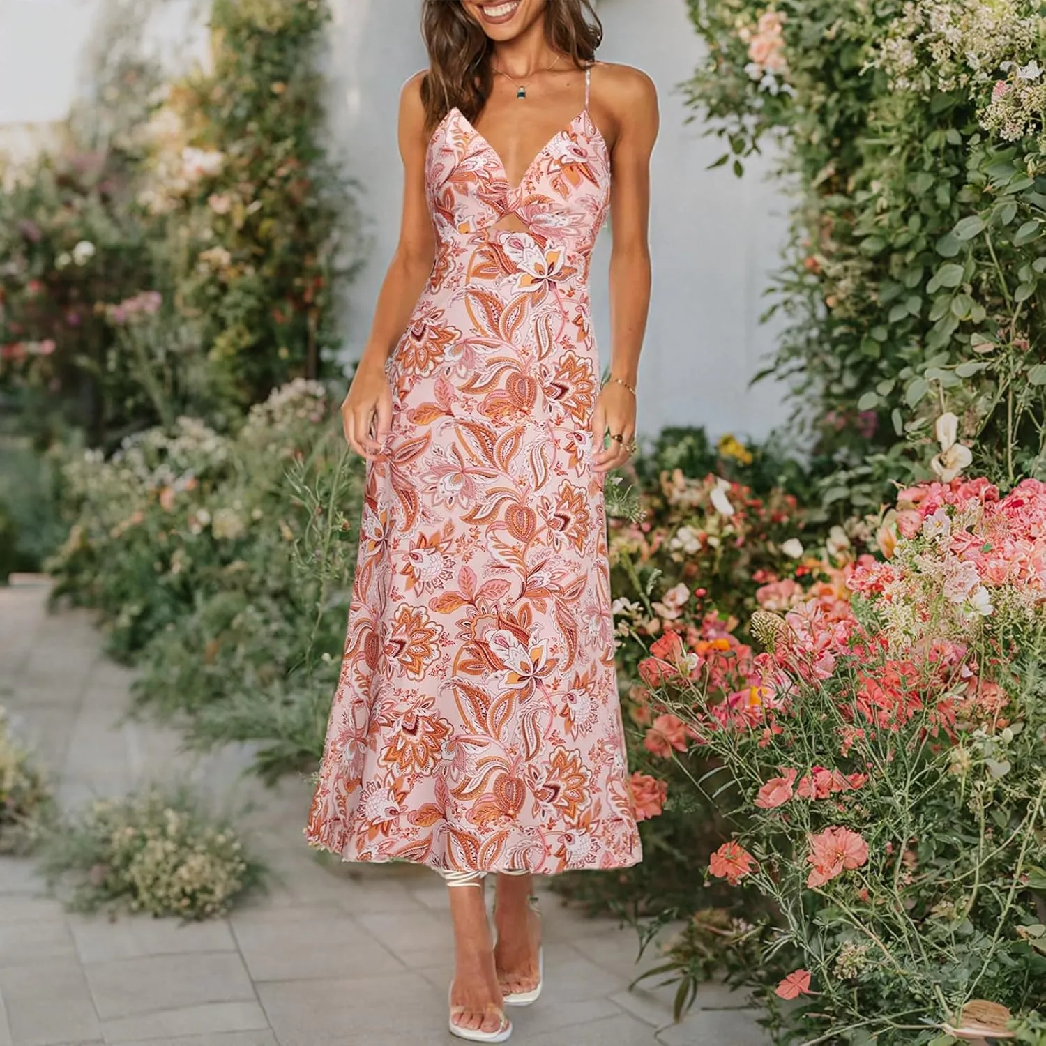 ZAFUL Women's Spaghetti Strap Floral Summer Hollow Twist Front Maxi Dresses Sexy Cutout V Neck Backless Vacation Dress