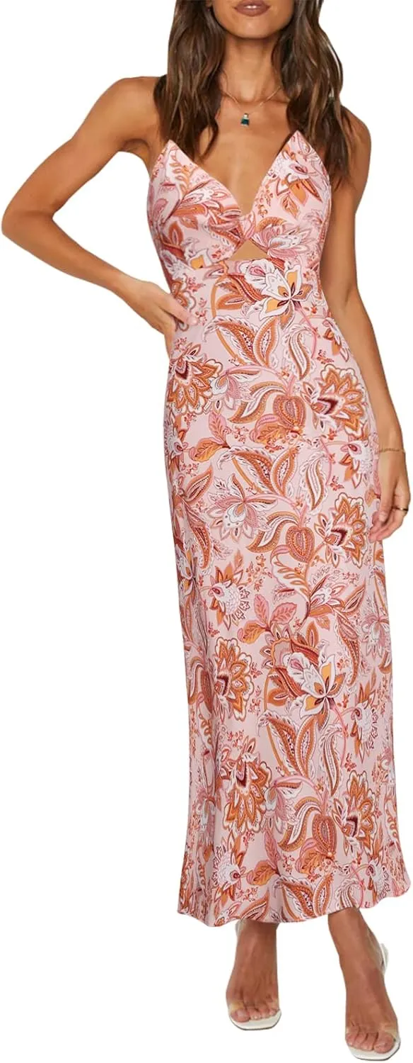 ZAFUL Women's Spaghetti Strap Floral Summer Hollow Twist Front Maxi Dresses Sexy Cutout V Neck Backless Vacation Dress