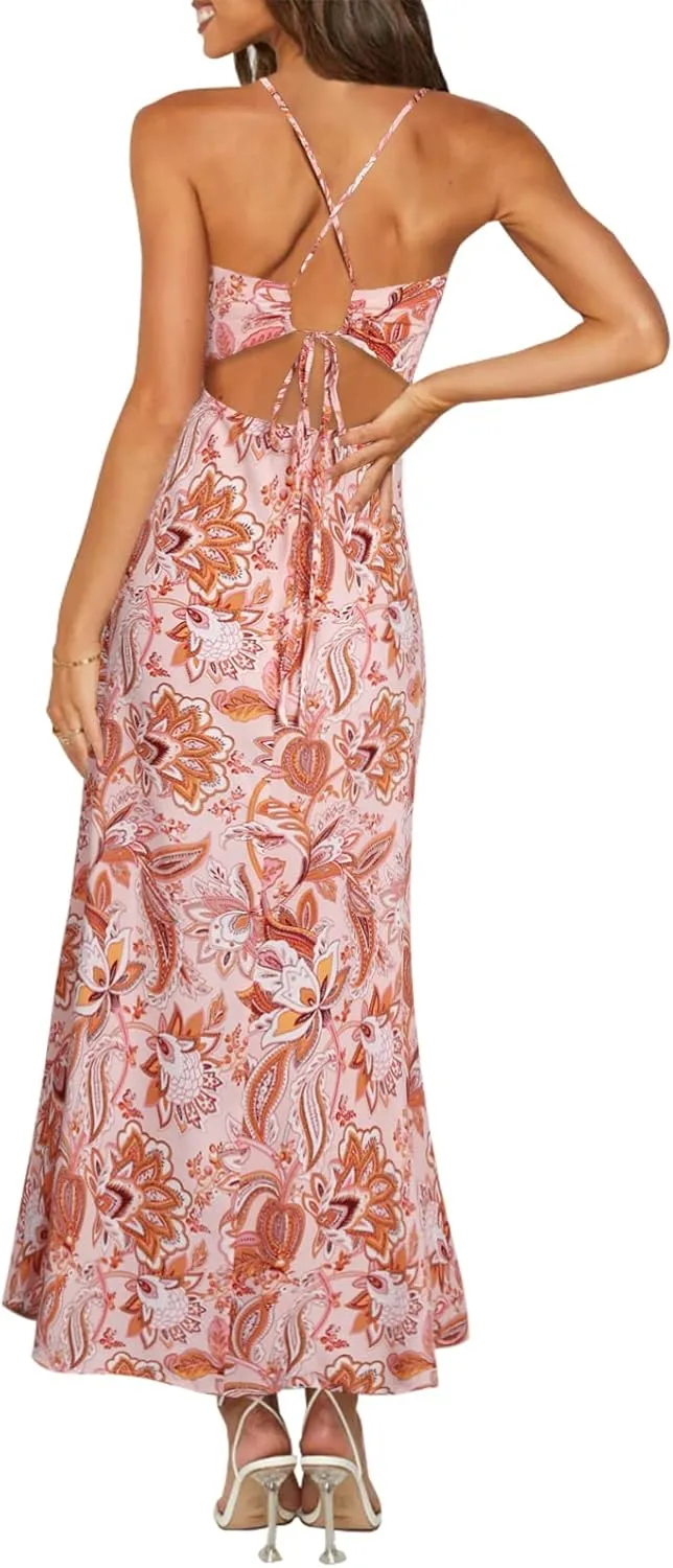 ZAFUL Women's Spaghetti Strap Floral Summer Hollow Twist Front Maxi Dresses Sexy Cutout V Neck Backless Vacation Dress