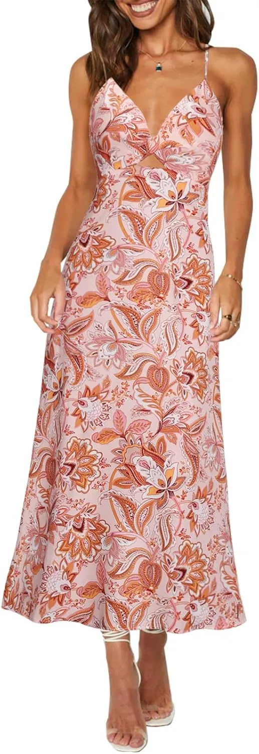 ZAFUL Women's Spaghetti Strap Floral Summer Hollow Twist Front Maxi Dresses Sexy Cutout V Neck Backless Vacation Dress