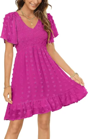Zattcas Womens 2025 Summer Smocked Dress Short Flutter Sleeve V Neck Swiss Dot Babydoll Ruffle Tiered Mini Dress