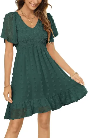 Zattcas Womens 2025 Summer Smocked Dress Short Flutter Sleeve V Neck Swiss Dot Babydoll Ruffle Tiered Mini Dress