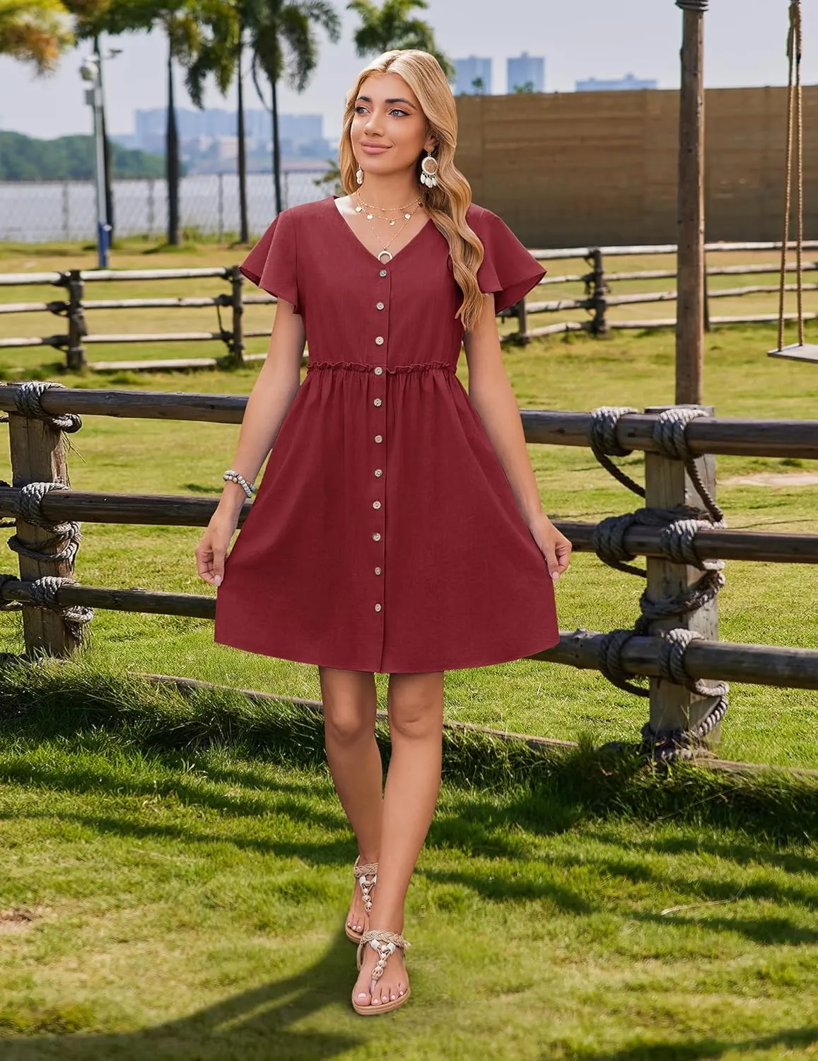 Zeagoo 2025 Spring Summer Cotton Linen Dress Beach Casual Button Down A Line Dress