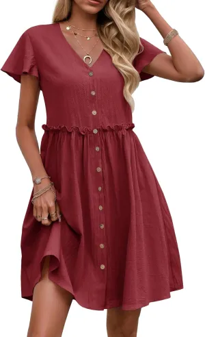 Zeagoo 2025 Spring Summer Cotton Linen Dress Beach Casual Button Down A Line Dress