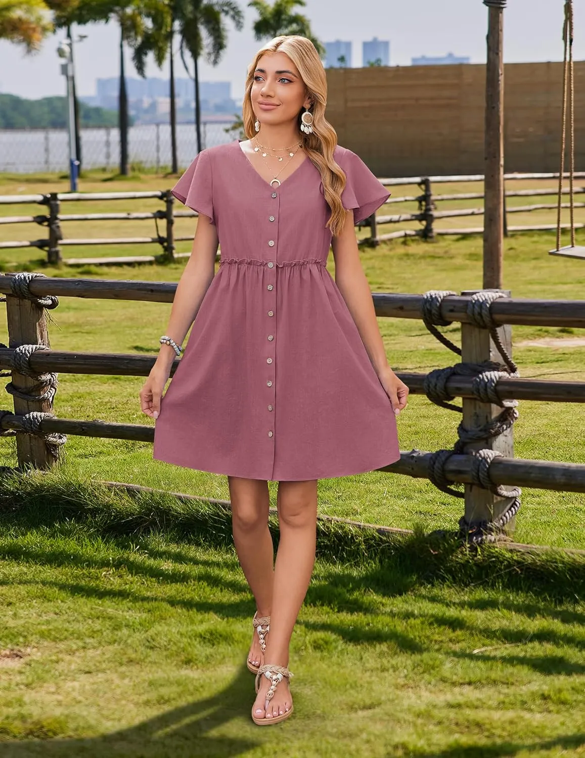 Zeagoo 2025 Spring Summer Cotton Linen Dress Beach Casual Button Down A Line Dress