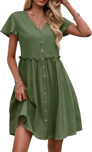 Zeagoo Summer Dress with Flutter Sleeves - Cotton Linen Beach A Line Casual Dress