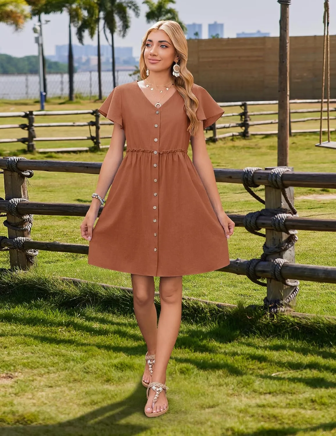 Zeagoo Summer Dress with Flutter Sleeves - Cotton Linen Beach A Line Casual Dress
