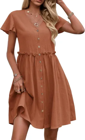 Zeagoo Summer Dress with Flutter Sleeves - Cotton Linen Beach A Line Casual Dress