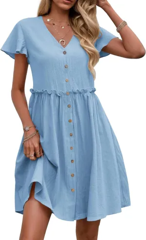 Zeagoo Summer Dress with Flutter Sleeves - Cotton Linen Beach A Line Casual Dress