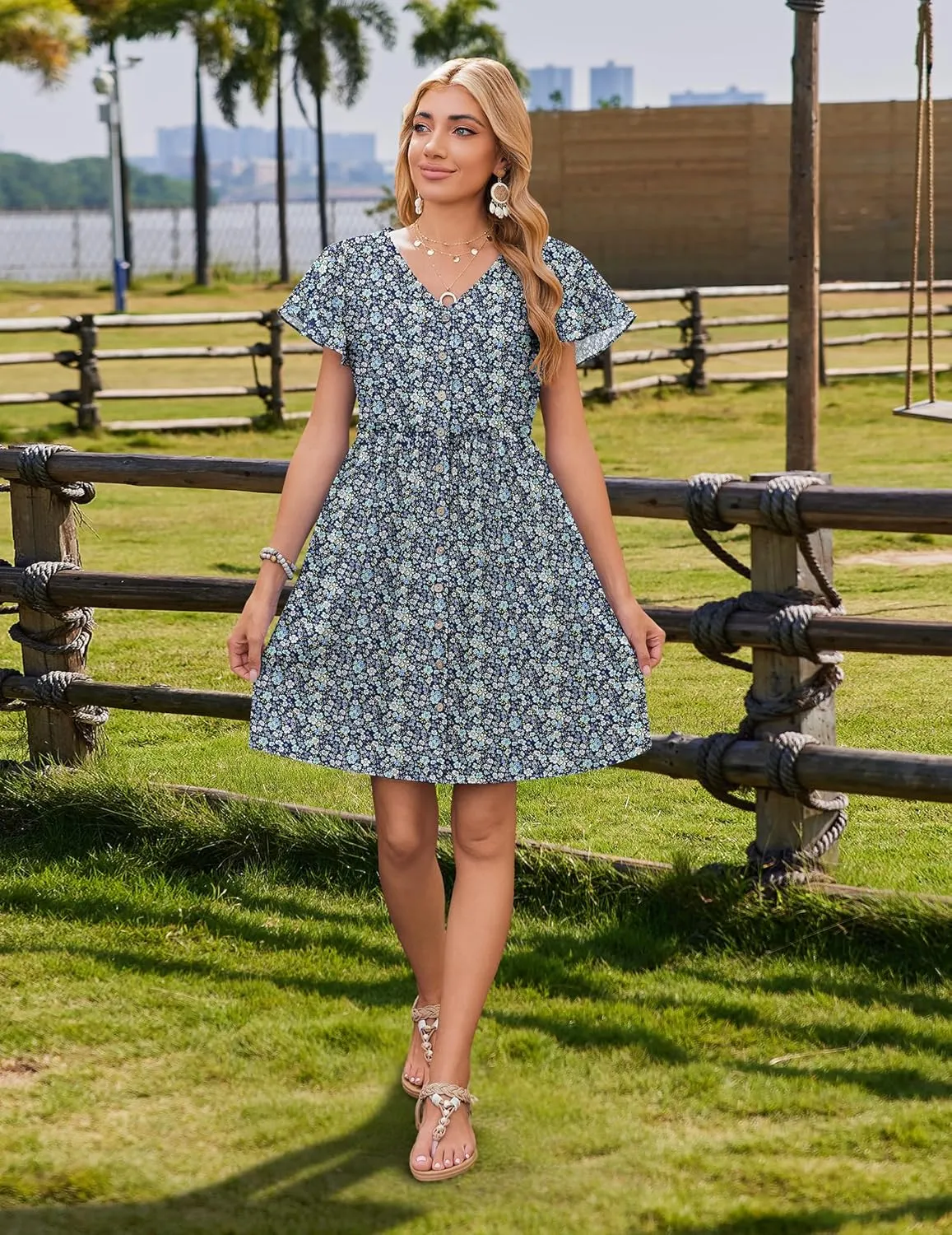 Zeagoo Summer Dress with Flutter Sleeves - Cotton Linen Beach A Line Casual Dress