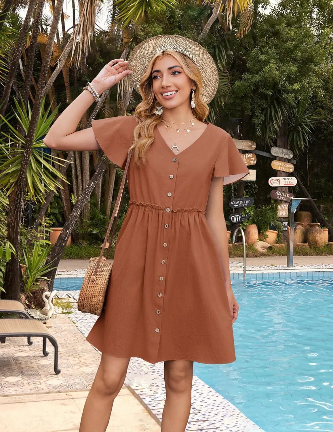 Zeagoo Summer Dress with Flutter Sleeves - Cotton Linen Beach A Line Casual Dress