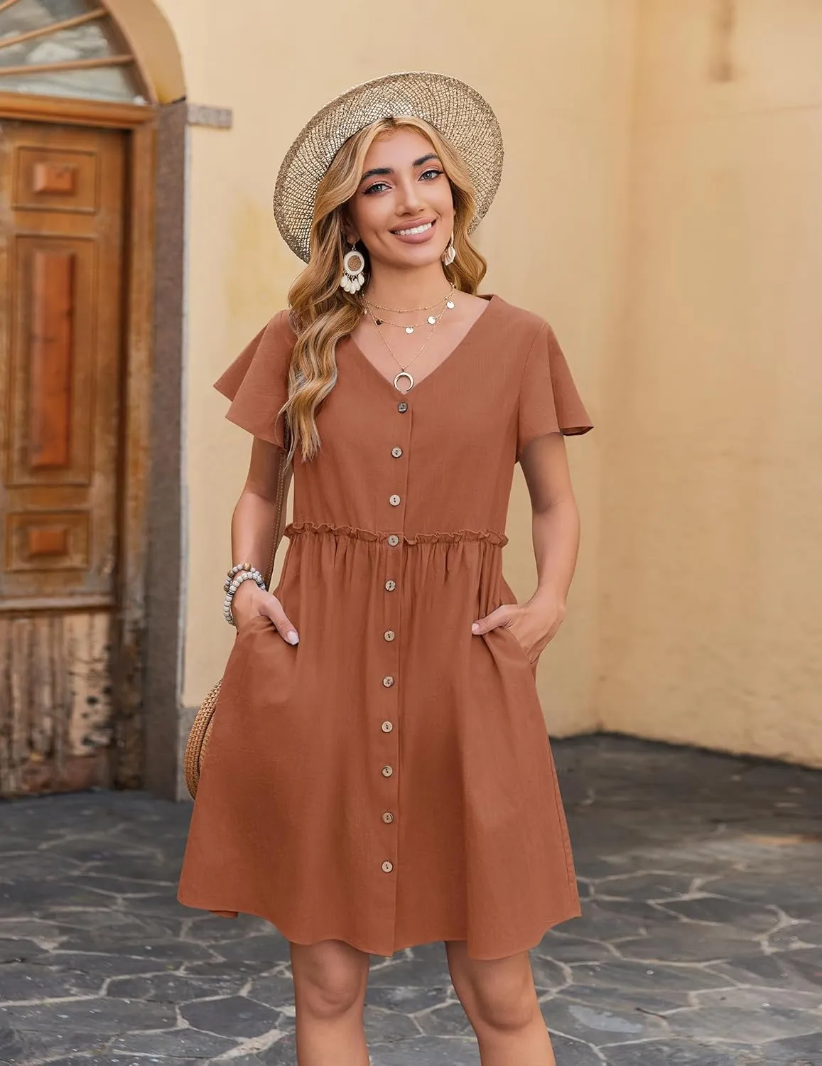 Zeagoo Summer Dress with Flutter Sleeves - Cotton Linen Beach A Line Casual Dress