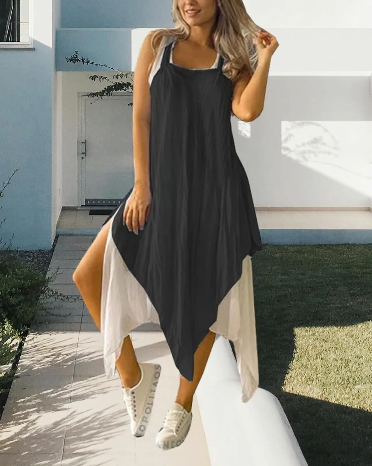 ZOCANIA Women's Irregular Hem Tank Dress Casual Sleeveless Summer Tiered Midi Sundress Plus Size Square Neck Beach Dress
